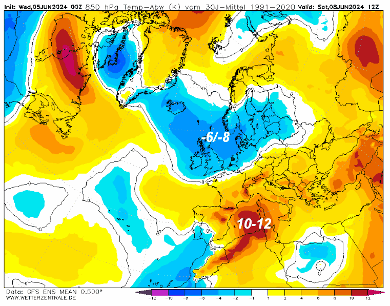 Le ANOMALIE TERMICHE previste in Europa nella giornata di sabato 8 giugno Le ANOMALIE TERMICHE previste in Europa nella giornata di sabato 8 giugno