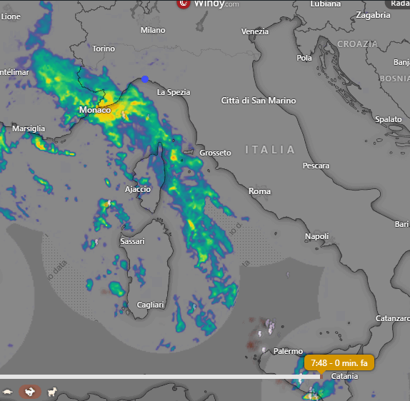 Precipitazioni in atto sui mari occidentali italiani