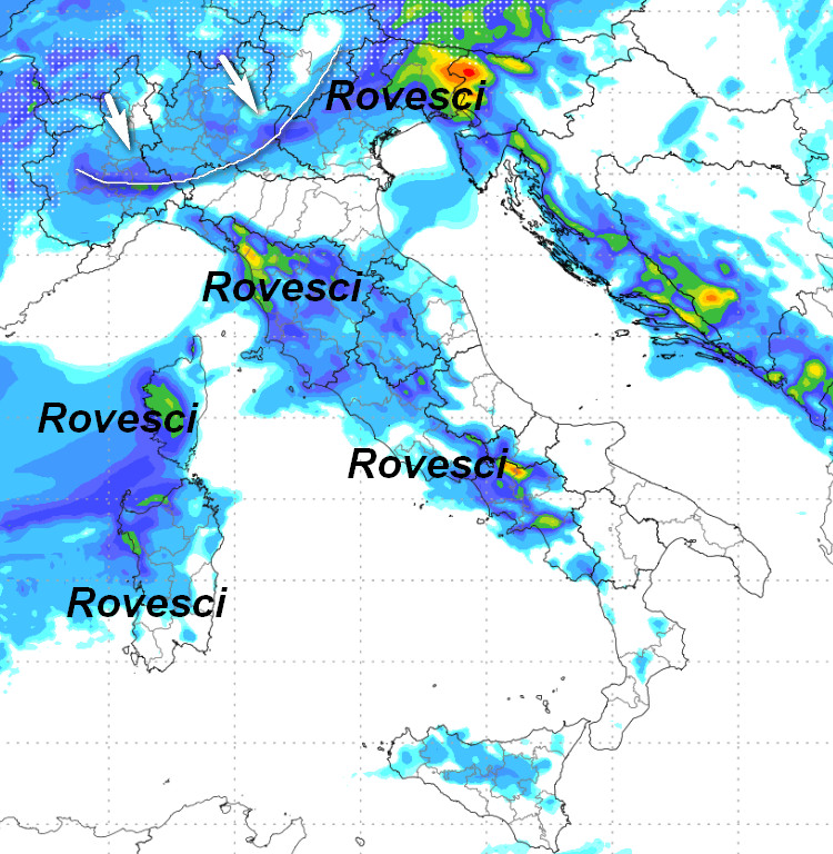 sommatoria delle precipitazioni attese in Italia tra le 00 e le 12 di venerdi 15 maggio secondo il modello Moloch elaborato su base grafica Lamma
