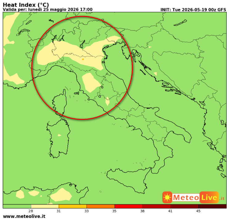 mappa dell'INDICE di CALORE o INDICE di DISAGIO da CALDO prevista in Italia alle ore 17 di lunedi 25 maggio: