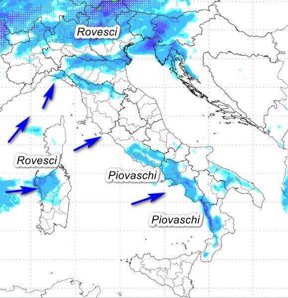 sommatoria delle piogge attese in Italia fino alle ore 12 di giovedi 14 maggio secondo il modello Moloch elaborato su base grafica Lamma
