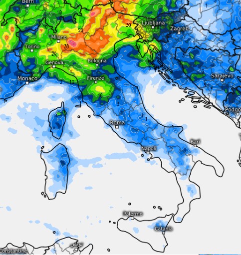 La sommatoria dei fenomeni previsti tra il 2 e il 3 giugno secondo il modello GFS su base grafica Meteologix.