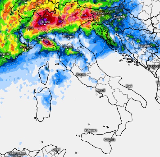 Mappa tratta dal modello ICON con la sommatoria dei fenomeni previsti per la giornata del 2 giugno su base grafica Meteologix