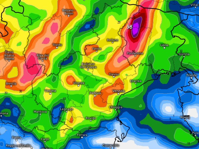 I fenomeni del 2 giugno sul nord-est secondo il modello MRF su base grafica Meteologix.