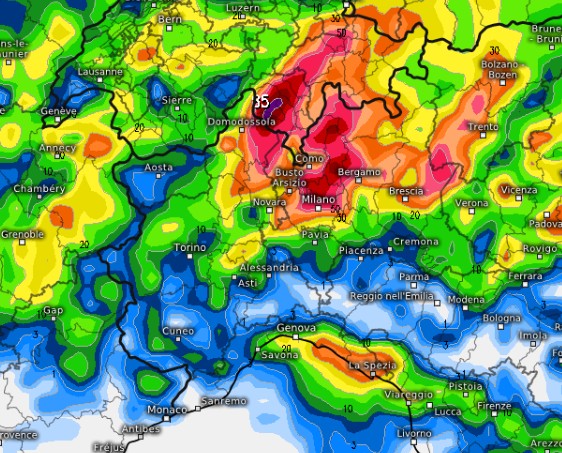 La distribuzione dei fenomeni al nord-ovest secondo il modello MRF su base grafica Meteologix.