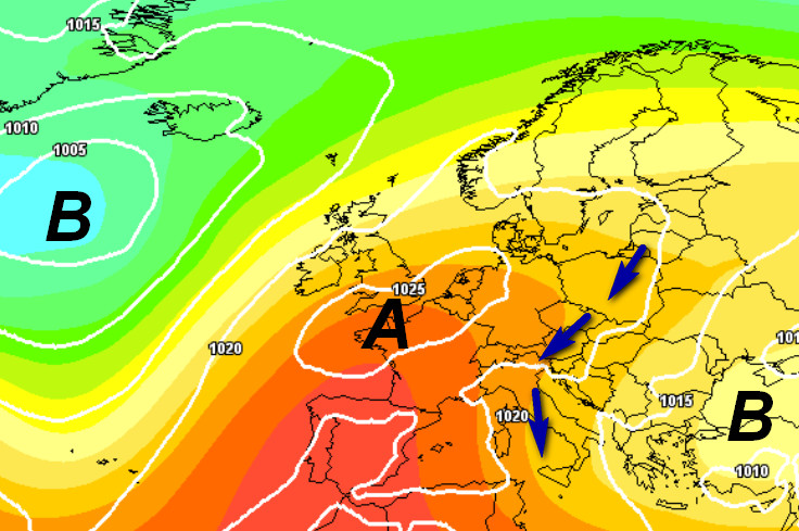 Quadro sinottico atteso in Europa nelle ore centrali di giovedi 21 maggio secondo la media degli scenari del modello GFS elaborato sui base grafica Meteociel