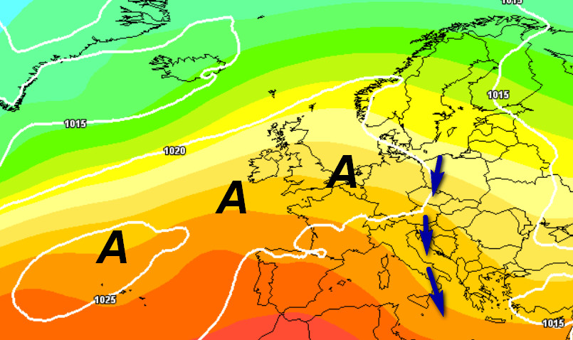 Quadro sinottico atteso in Italia sempre secondo la media degli scenari del modello GFS elaborato su base grafica Meteociel valido per lunedi 25 maggio