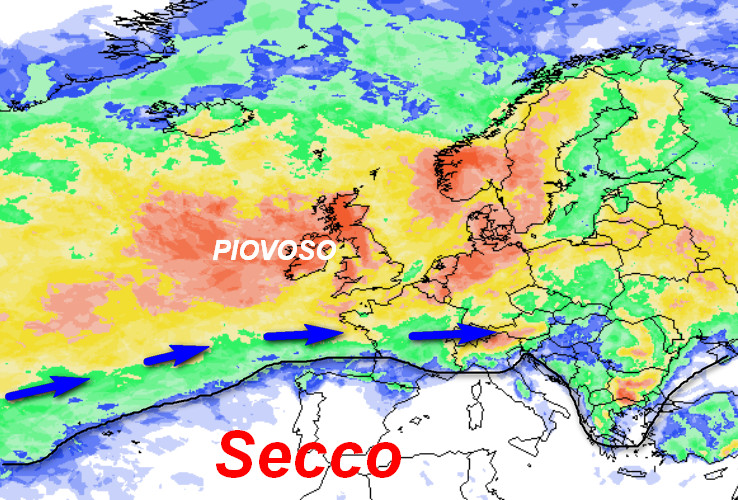 probabilità di pioggia a scala europea secondo il modello GFS elaborato su base grafica Meteociel valida per giovedi 4 giugno