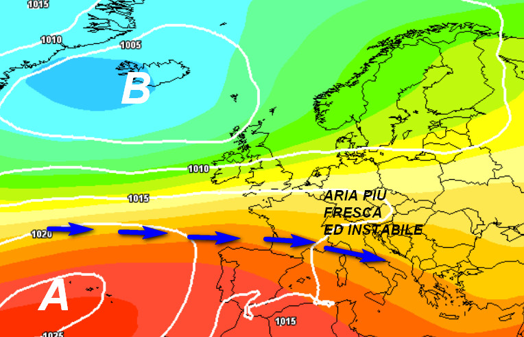 mappa sinottica attesa in Europa nelle ore centrali di venerdi 5 giugno secondo la media degli scenari del modello GFS elaborato su base grafica Meteociel
