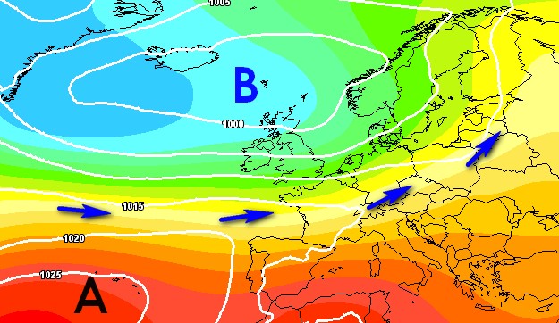 Mappa barica prevista dal modello GFS per il 5 giugno su base grafica Meteociel: