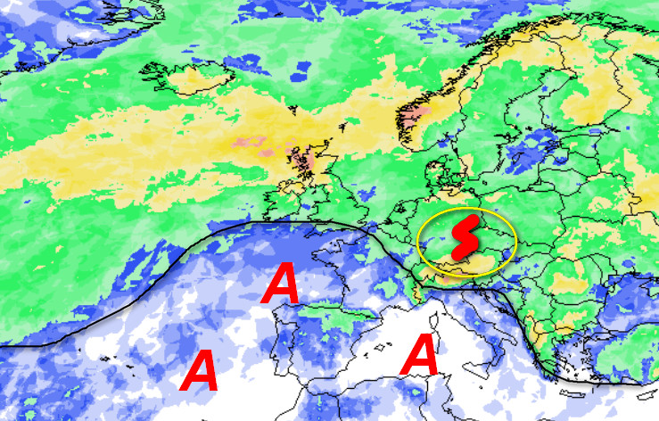 probabilità di pioggia attesa in Europa nelle ore centrali di domenica 7 giugno secondo la media degli scenari del modello GFS elaborato su base grafica Meteociel