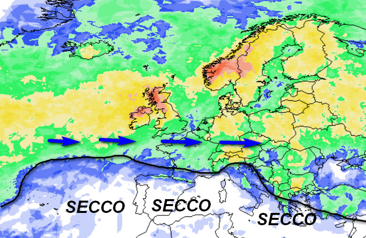 probabilità di pioggia in Europa valida per la giornata di domenica 7 giugno sempre secondo la media degli scenari del modello GFS elaborato su base grafica Meteociel