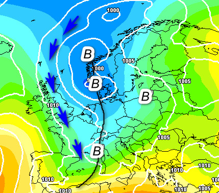 mappa sinottica estrapolata dal modello GFS ed elaborata su base grafica Meteociel valida per la serata di venerdi 15 maggio
