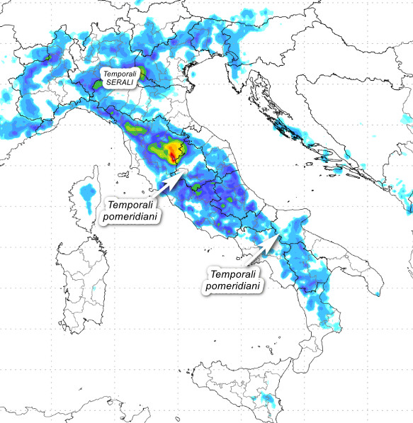 sommatoria delle precipitazioni attese in Italia tra il pomeriggio e la serata di giovedì 28 maggio sempre secondo il modello Moloch elaborato su base grafica Lamma
