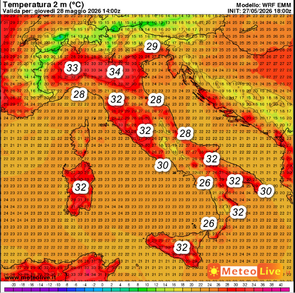 temperature attese in Italia alle ore 16 di giovedi 28 maggio