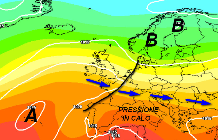 quadro sinottico atteso in Europa nelle ore centrali di martedì 2 giugno secondo la media degli scenari del modello GFS elaborato su base grafica Meteociel