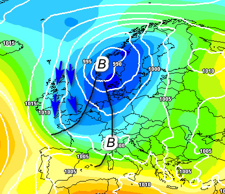 analisi sinottica prevista per le ore centrali di giovedi 14 maggio secondo il modello GFS elaborato su base grafica Meteociel: 