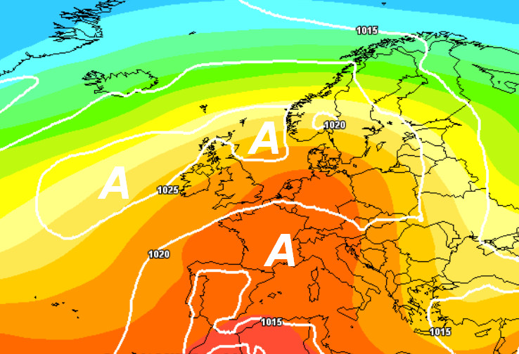 situazione sinottica attesa in Italia nelle ore centrali di mercoledi 27 maggio secondo la media degli scenari del modello GFS elaborato su base grafica Meteociel