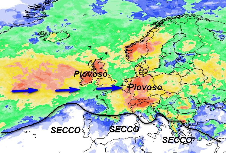 probabilità di pioggia in Europa secondo la media degli scenari del modello GFS elaborato si base grafica Meteociel e valida per mercoledi 3 giugno