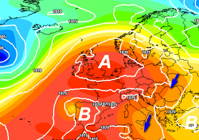 mappa sinottica attesa per le ore centrali di domenica 24 maggio secondo il modello GFS elaborato su base grafica Meteociel