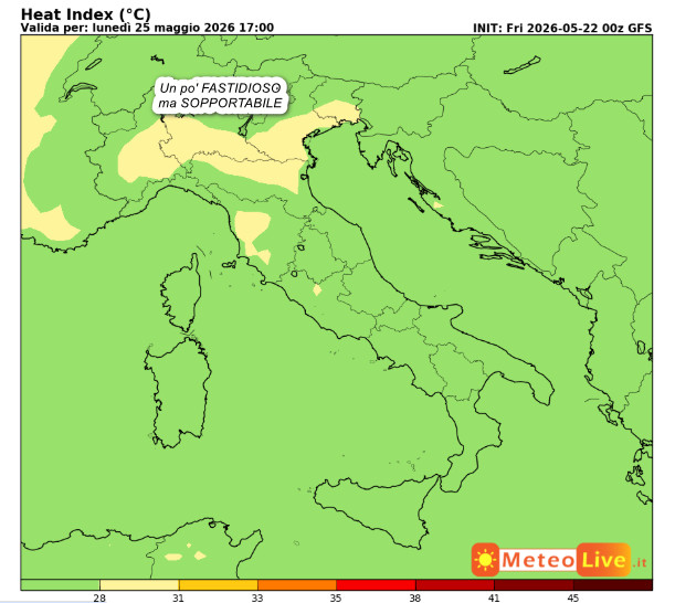 Indice di disagio da caldo atteso in Italia alle ore 17 di lunedi 25 maggio