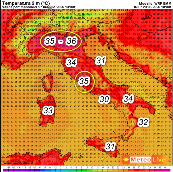 temperature al suolo attese in Italia alle ore 16 della giornata medesima: