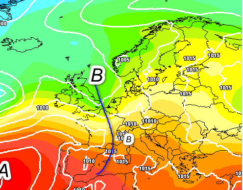 analisi sinottica attesa in Europa nelle ore centrali di martedì 2 giugno secondo il modello GFS elaborato su base grafica Meteociel