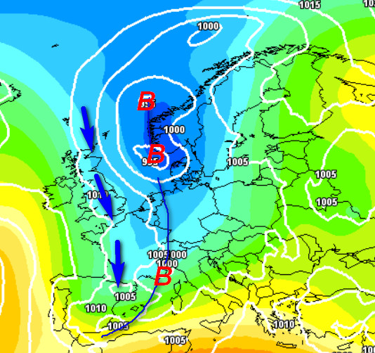 mappa sinottica attesa in Europa nelle ore centrali di venerdi 15, secondo il modello GFS elaborato su base grafica Meteociel