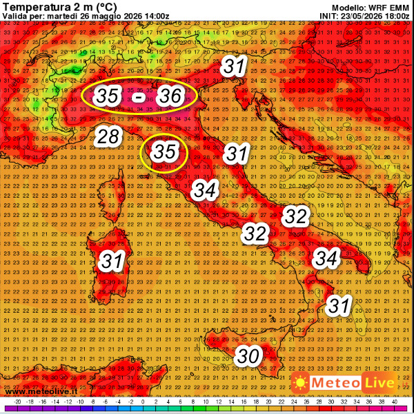 temperature massime al suolo attese in Italia alle ore 16 di martedì 26 maggio