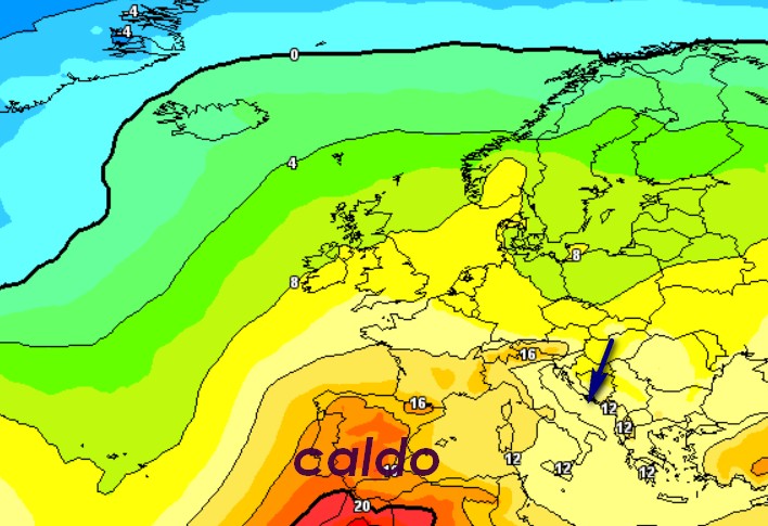 La mappa termica prevista sempre per il 22 maggio a 1500m sull'Europa secondo ECMWF su base grafica Meteociel. 