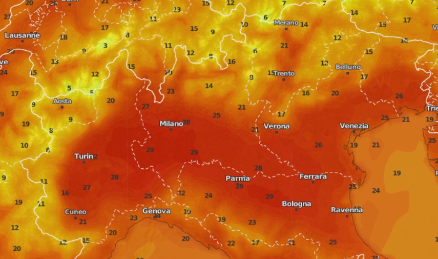 Le temperature attese venerdì 22 maggio nel pomeriggio al nord secondo il modello ICON su base grafica Wetterdienst.