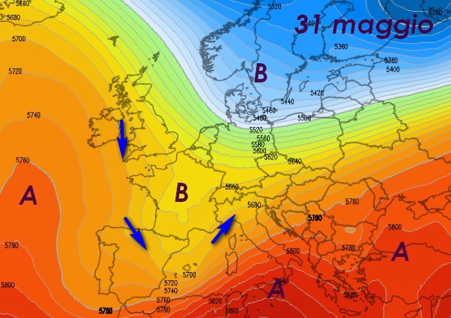 Il potenziale guasto del 31 maggio secondo GFS su base grafica Meteologix.