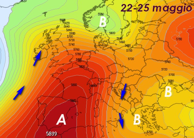 L'anticiclone nella posizione prevista tra il 22 e il 25 maggio con il sud esposto ad una circolazione di aria più fresca, mappa GFS su grafica Meteologix.