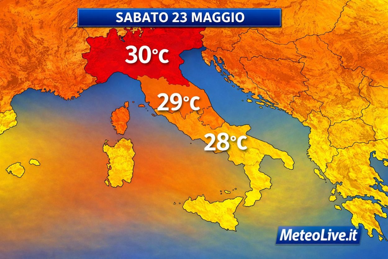 La mappa termica prevista per sabato 23 maggio sull'Italia con valori massimi indicativi.