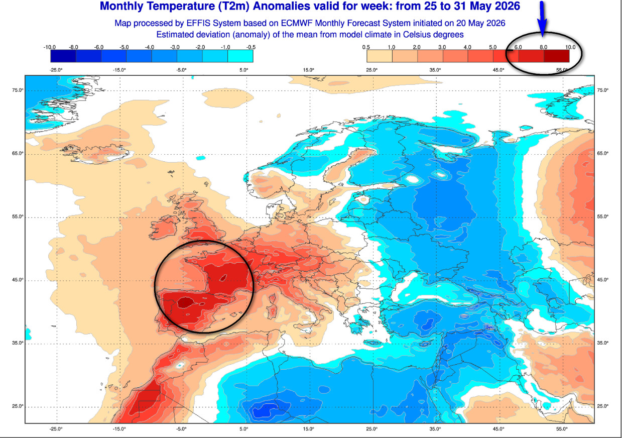 ANOMALIE TERMICHE A 2 METRI attese in Europa nel lasso temporale compreso tra il 24 ed il 31 maggio, ovvero per la settimana prossima