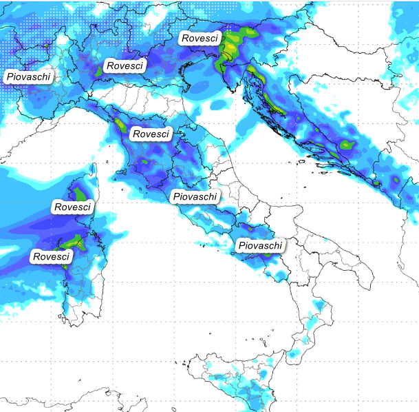 sommatoria delle piogge attese in Italia fino alle ore 12 di venerd&igrave; 15 maggio secondo il modello Moloch elaborato su base grafica Lamma