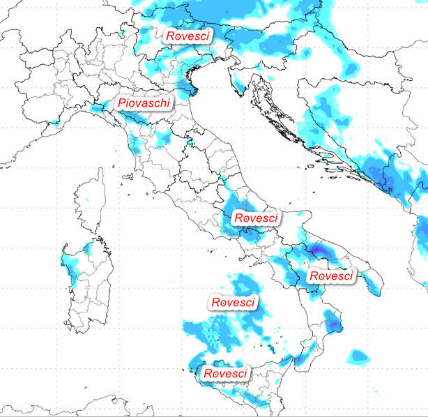 sommatoria delle precipitazioni attese in Italia fino alle ore 12 di martedi 19 maggio secondo il modello Moloch elaborato su base grafica Lamma