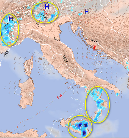 sommatoria delle precipitazioni attese tra le 14 e le 20 di domenica 24 maggio secondo il modello ECMWF elaborato su base grafica METEORED
