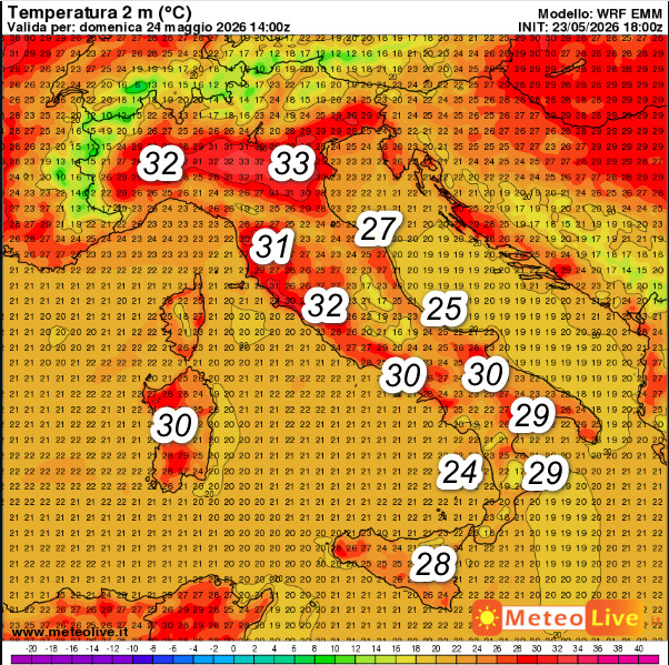 temperature attese in Italia alle ore 16 di domenica 24 maggio
