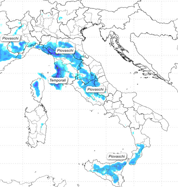sommatoria dei fenomeni attesi in Italia fino alle ore 14 di venerdì 29 maggio secondo il modello Moloch elaborato su base grafica Lamma