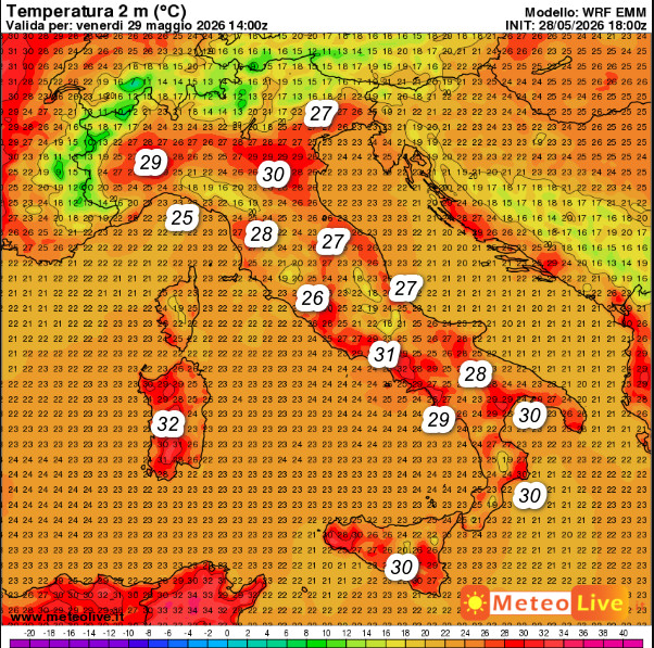 temperature attese in Italia alle ore 16 di venerdi 29 maggio