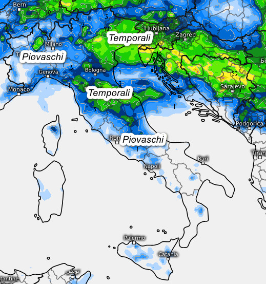 sommatoria delle precipitazioni attese in Italia nell'arco della giornata di lunedi 1 giugno secondo il modello ECMWF elaborato su base grafica Meteologix