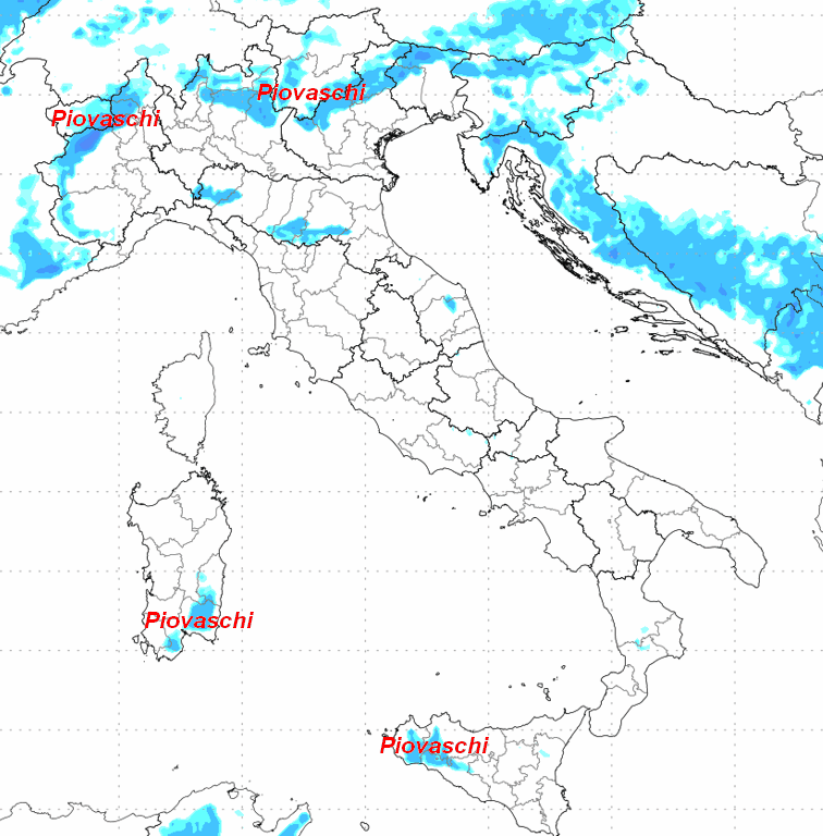 precipitazioni attese in Italia fino alle ore 14 di domenica 31 maggio secondo il modello Moloch elaborato su base grafica Lamma