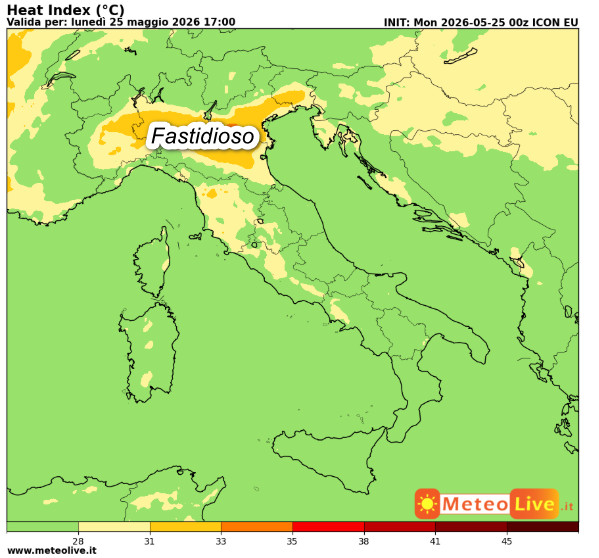 indice di disagio da caldo o indice di calore (combinazione tra caldo e tassi di umidit&agrave;) atteso in Italia alle ore 17 di lunedi 25 maggio