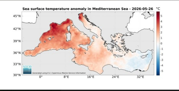 anomalie termiche del Mediterraneo aggiornate a martedi 26 maggio