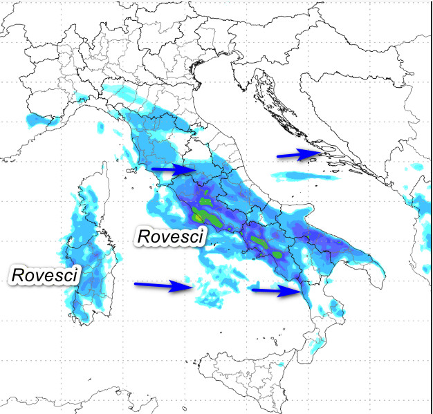sommatoria delle piogge attese sul nostro Paese fino alle ore 12 di mercoledi 13 maggio secondo il modello Moloch elaborato su base grafica Lamma