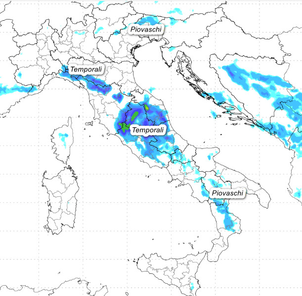 sommatoria delle piogge attese sul nostro Paese fino alle ore 14 di giovedì 28 maggio secondo il modello Moloch elaborato su base grafica Meteociel