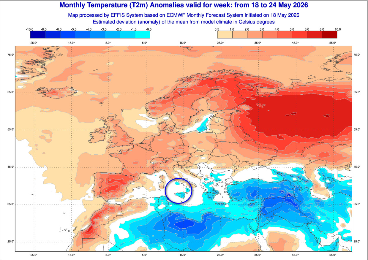 anomalie termiche a 2 metri di altezza previste fino a domenica 24 maggio secondo il modello ECMWF elaborato su base COPERNICUS
