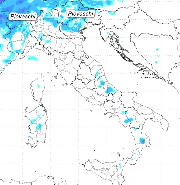 le piogge attese in Italia fino alle ore 12 di lunedi 18 maggio secondo il modello Moloch elaborato su base grafica Lamma: