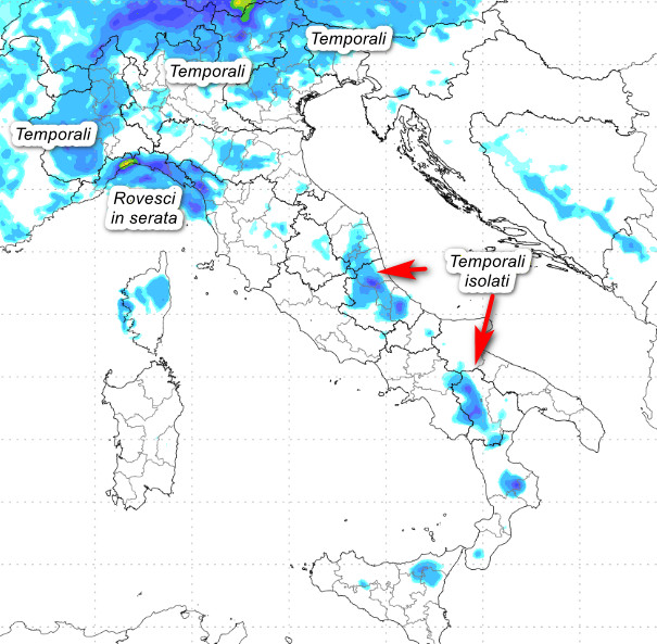 piogge attese in Italia tra il pomeriggio e la serata di lunedi 18 maggio sempre secondo il modello Moloch elaborato su base grafica Lamma: